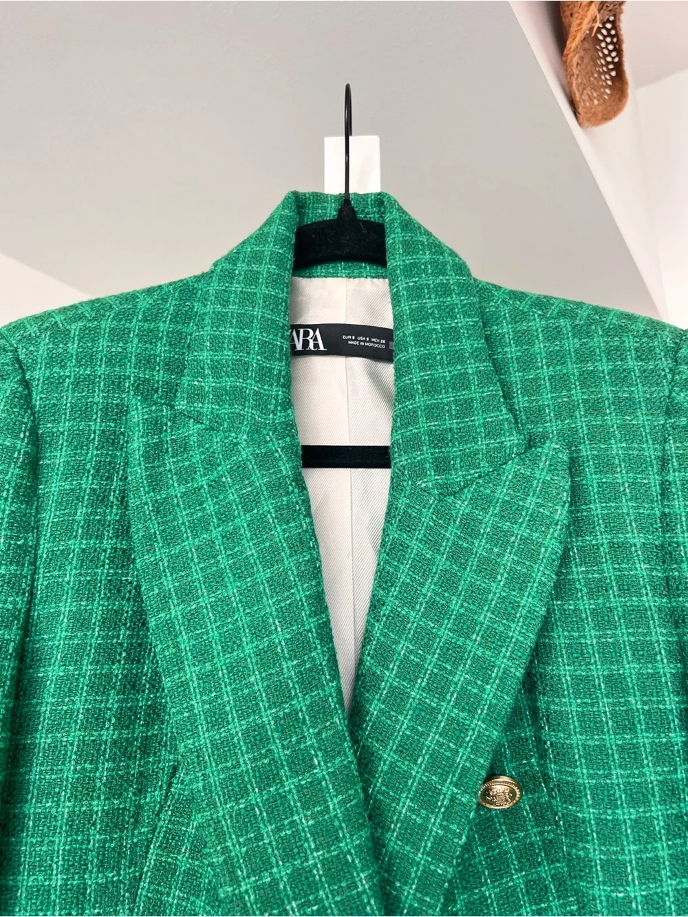 Zara Emerald Green Textured Tweed Double Breasted Blazer Gold Buttons Size Small - Picture 5 of 10